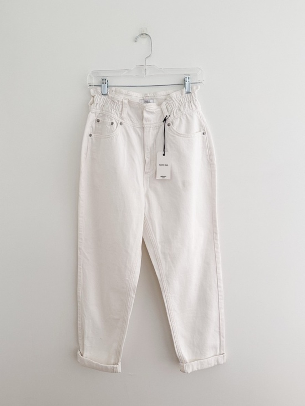 Forever 21 Paperbag Waist White Denim Jeans High Rise Tapered Minimalist Size M